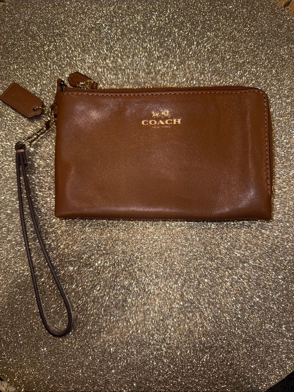 Coach Tan Brown Leather Wristlet with Gold Logo